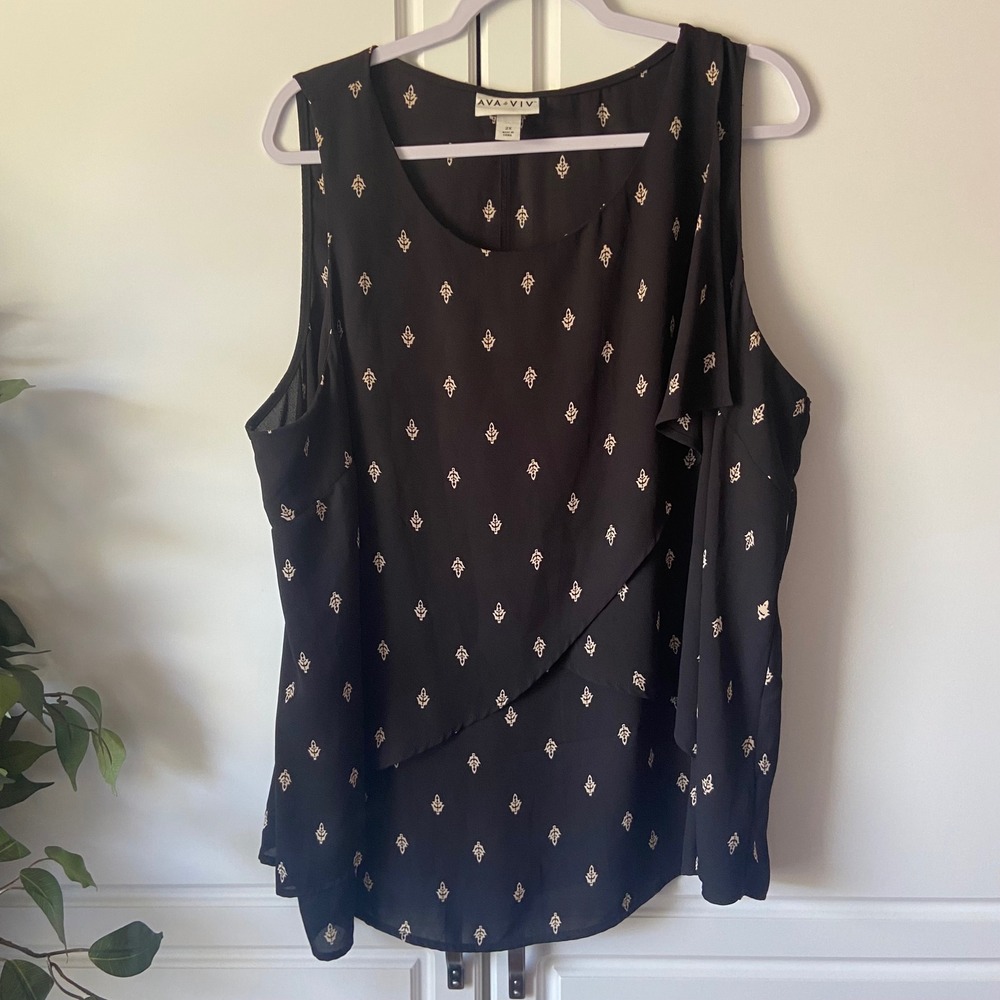 Ava & Viv Womens 2X Black Printed Layered Crossover Sleeveless Blouse Top